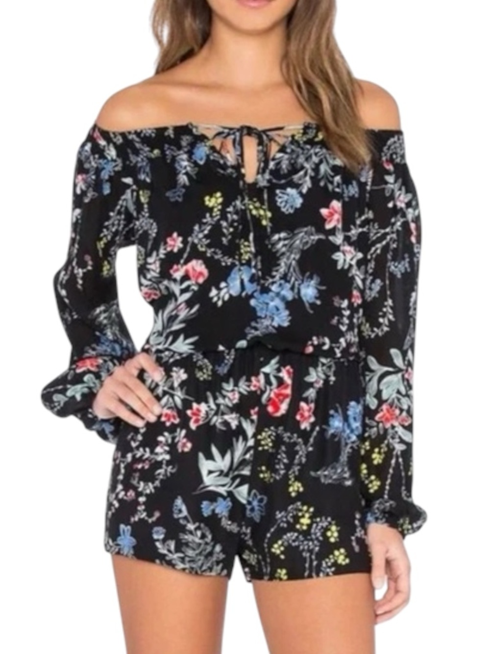 Parker Silk Cloud Black Floral Off-Shoulder Romper (XS)